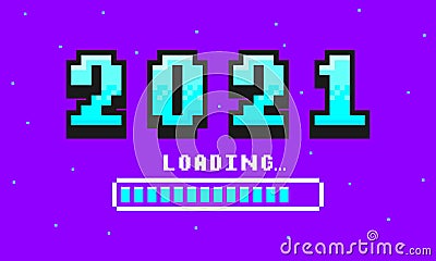 2021 pixel art banner for New Year. 2021 numbers in 8-bit retro games style and loading bar. Pixelated happy New Year Vector Illustration